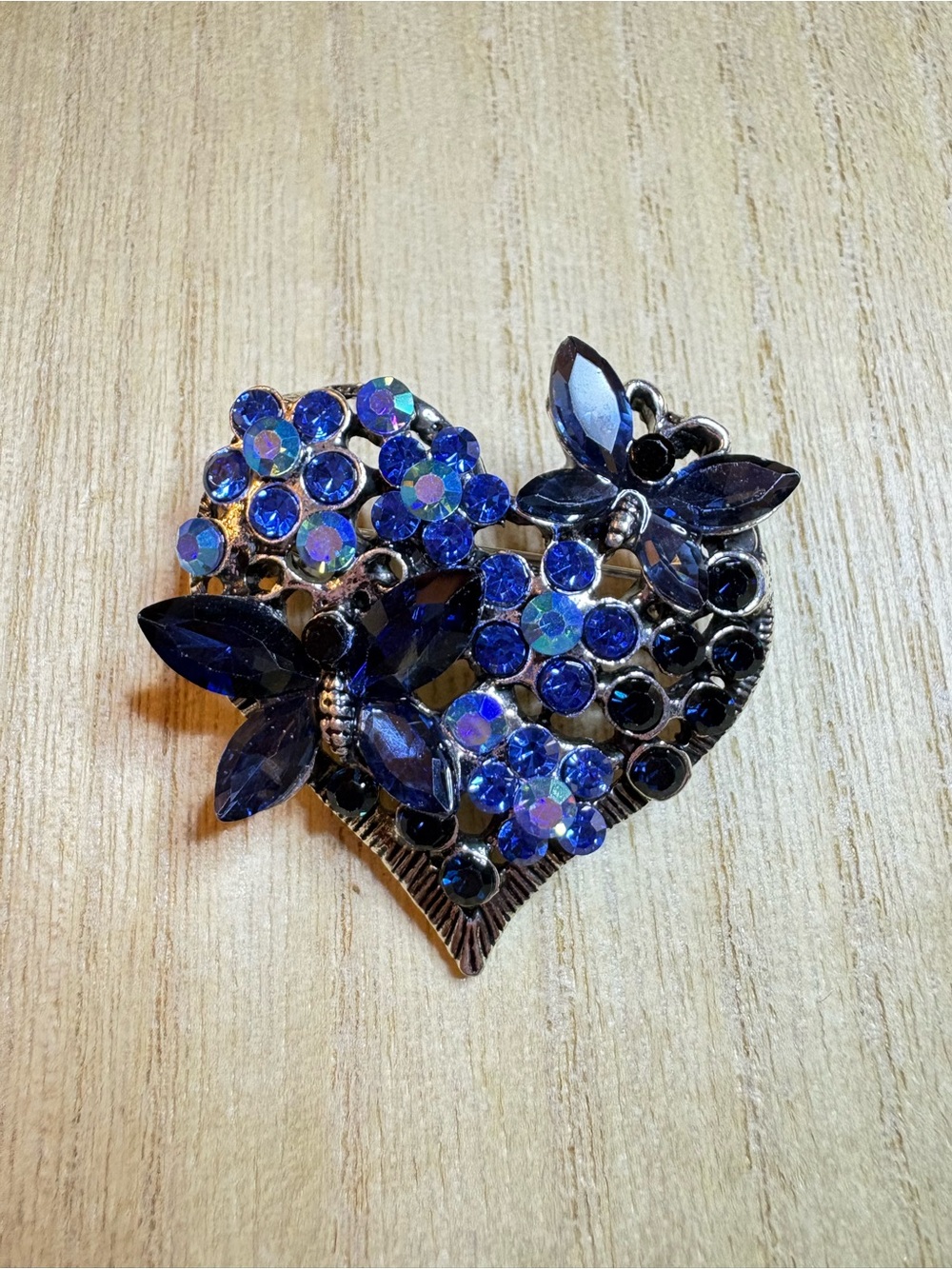 Blue Crystal Floral Heart Brooch